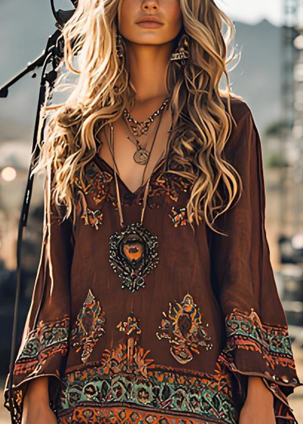 Loose Brown V Neck Print Cotton Mid Dress Spring