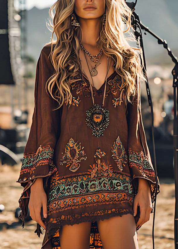 Loose Brown V Neck Print Cotton Mid Dress Spring