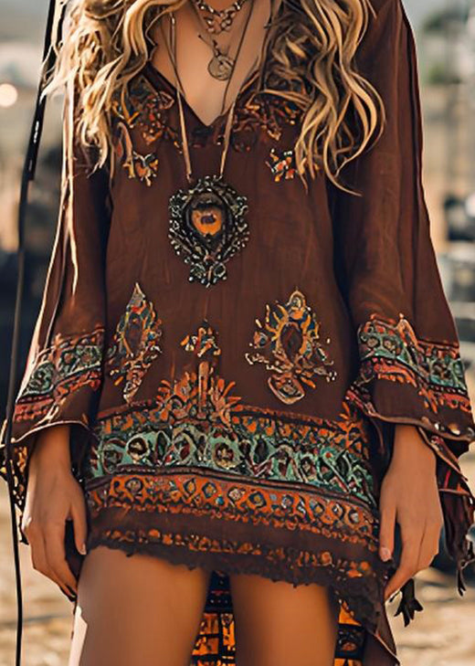 Loose Brown V Neck Print Cotton Mid Dress Spring