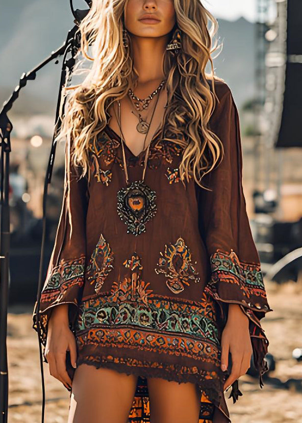 Loose Brown V Neck Print Cotton Mid Dress Spring