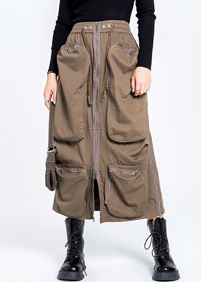 Loose Brown Zippered Pockets Elastic Waist Cotton Skirt Summer