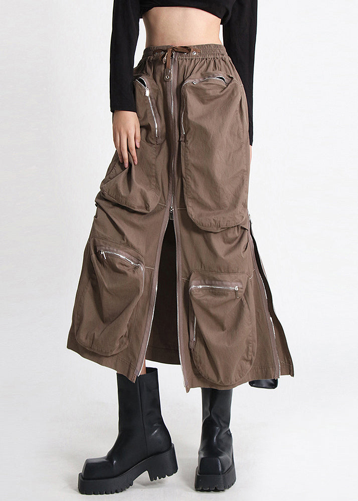 Loose Brown Zippered Pockets Elastic Waist Cotton Skirt Summer