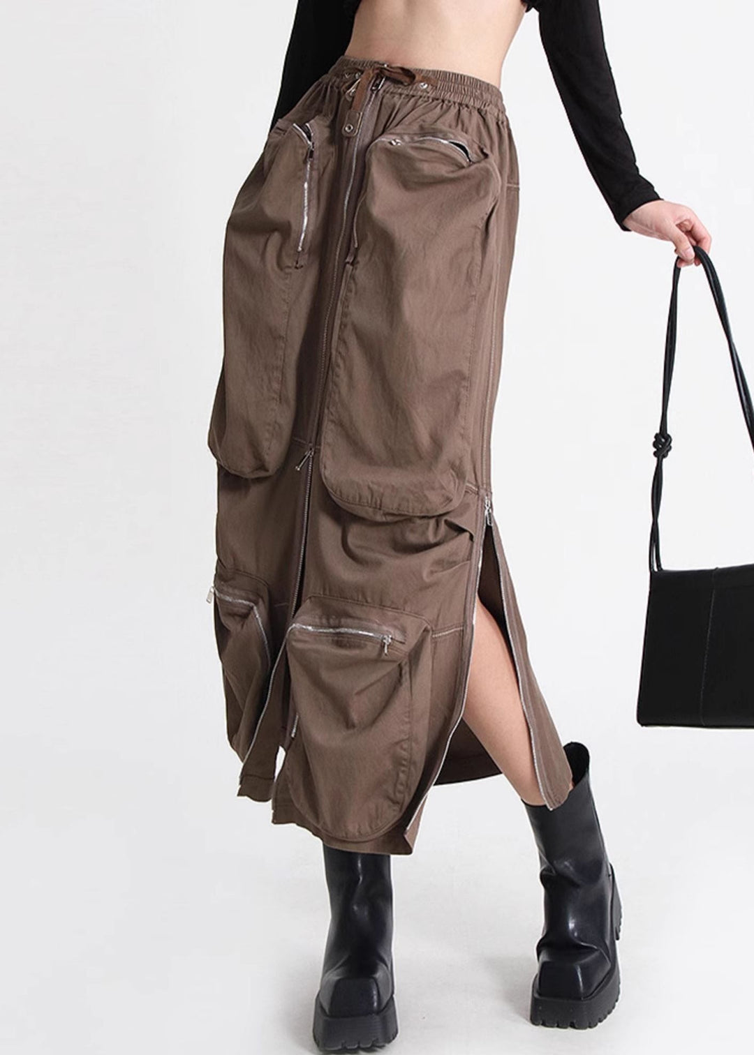 Loose Brown Zippered Pockets Elastic Waist Cotton Skirt Summer