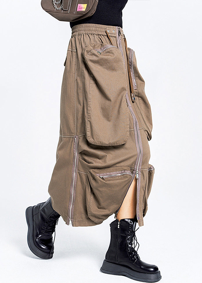 Loose Brown Zippered Pockets Elastic Waist Cotton Skirt Summer