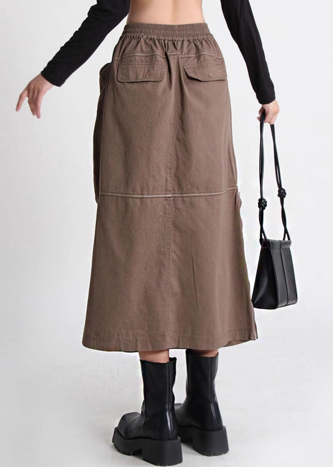 Loose Brown Zippered Pockets Elastic Waist Cotton Skirt Summer