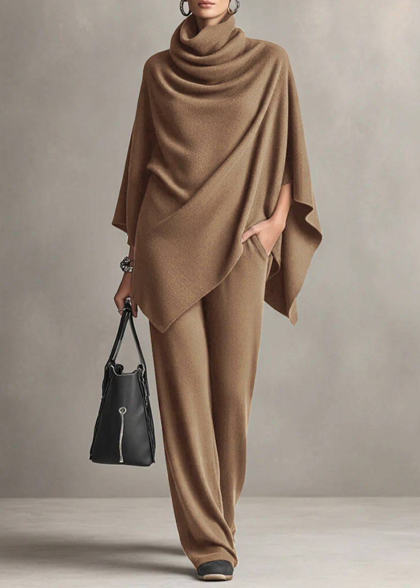 Loose Camel Turtleneck Pockets Tops And Pants Two-Piece Set