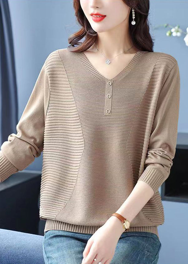 Loose Camel V Neck Wrinkled Cozy Wool Sweater Tops Fall
