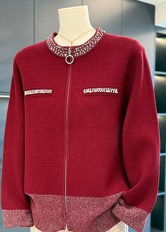 Loose Camel Zippered Nail Bead Cotton Knit Coat Fall