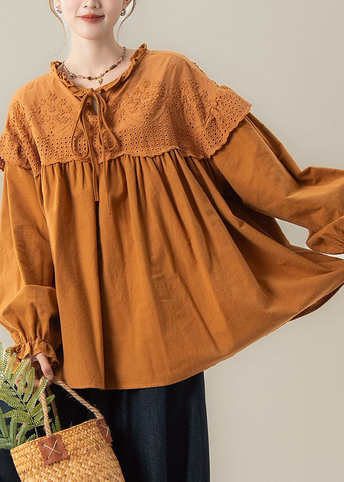 Loose Caramel Ruffled Patchwork Top Lantern Sleeve