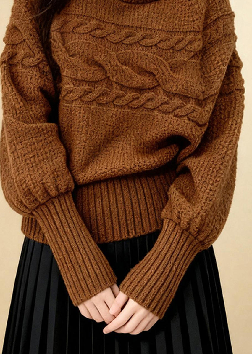 Loose Caramel Turtleneck Cozy Cotton Knit Sweater Lantern Sleeve