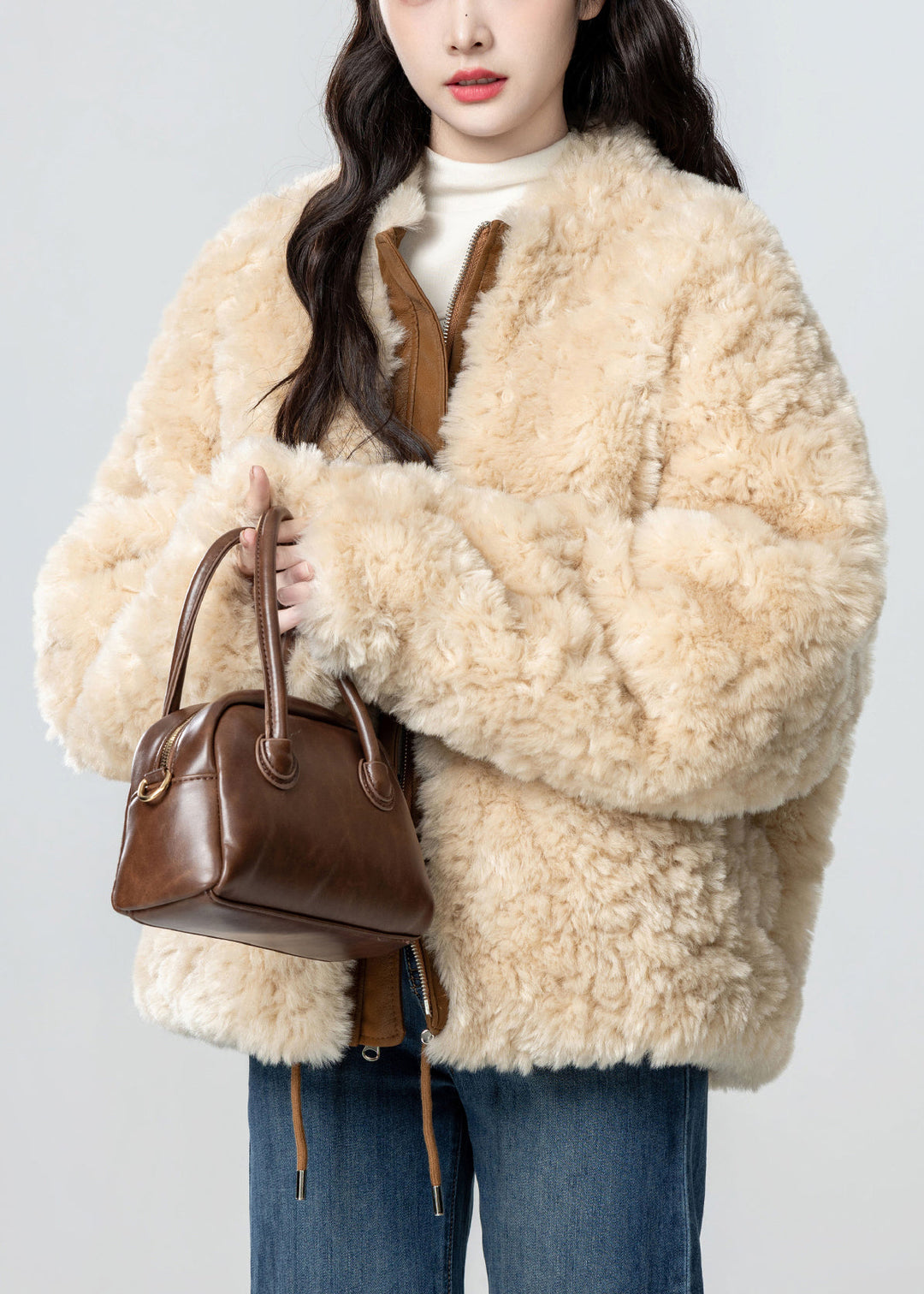 Loose Caramel Zip Up Pockets Wear On Both Sides Teddy Faux Fur Coats Winter
