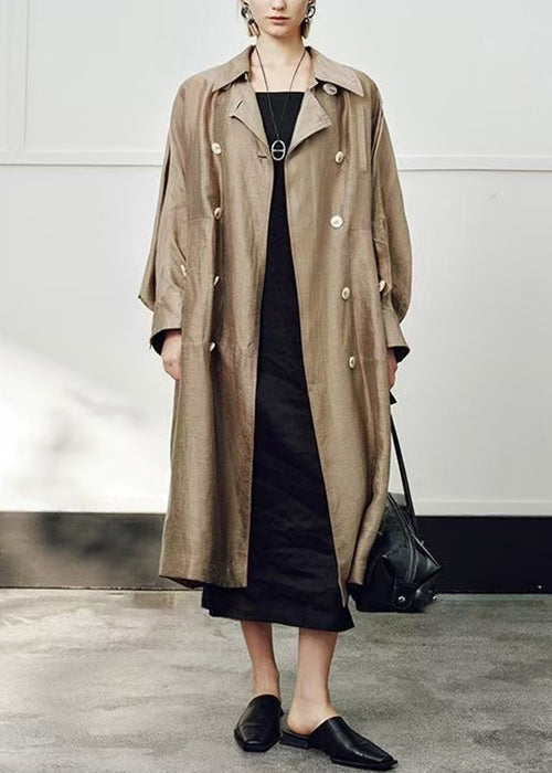 Loose Champagne Gold Peter Pan Collar Double Breast Linen Silk Long Trench Coat Fall