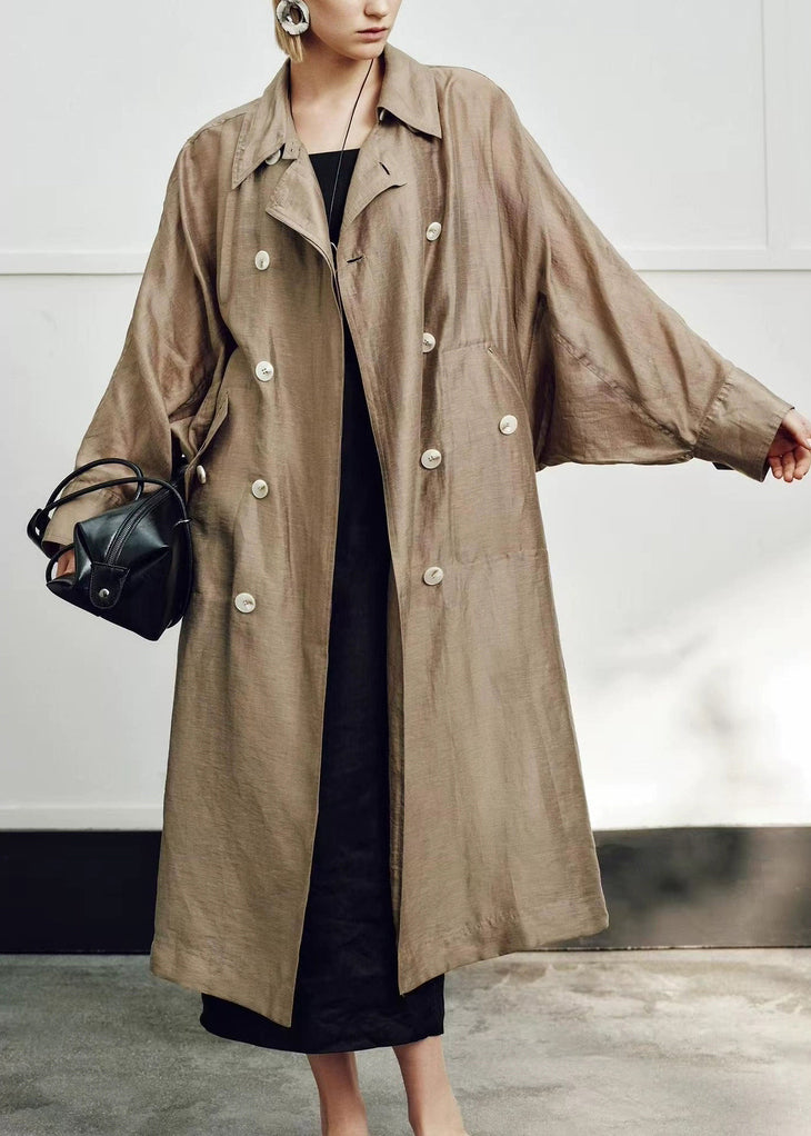 Loose Champagne Gold Peter Pan Collar Double Breast Linen Silk Long Trench Coat Fall