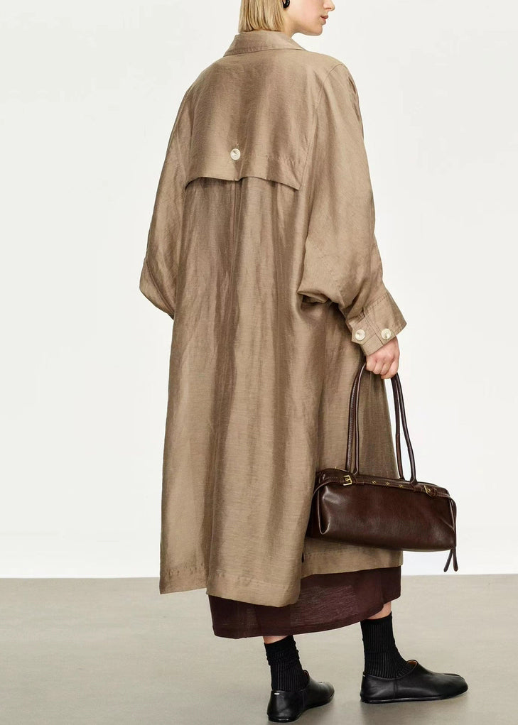 Loose Champagne Gold Peter Pan Collar Double Breast Linen Silk Long Trench Coat Fall
