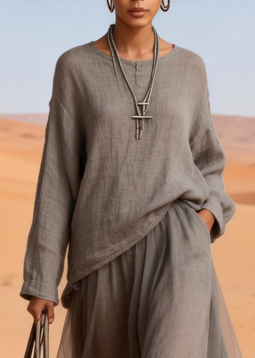 Loose Charcoal Grey Pockets Tops And Skirts Tulle Patchwork Two Pieces Set Spring - Omychic