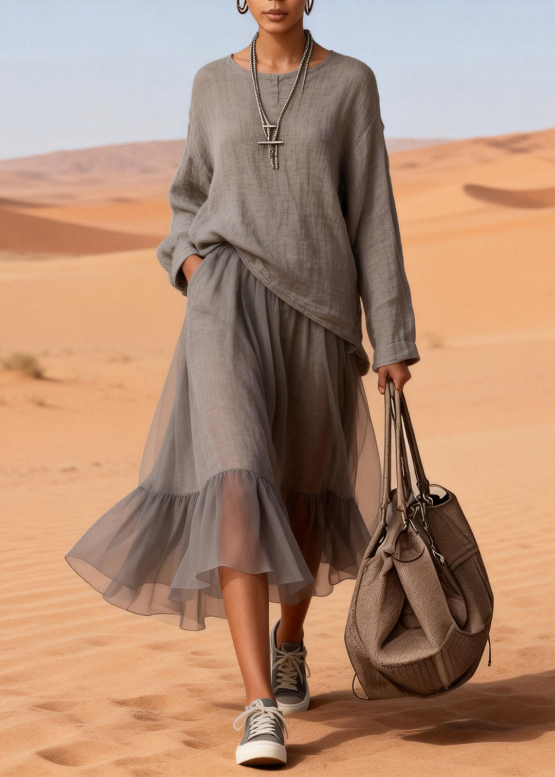 Loose Charcoal Grey Pockets Tops And Skirts Tulle Patchwork Two Pieces Set Spring - Omychic