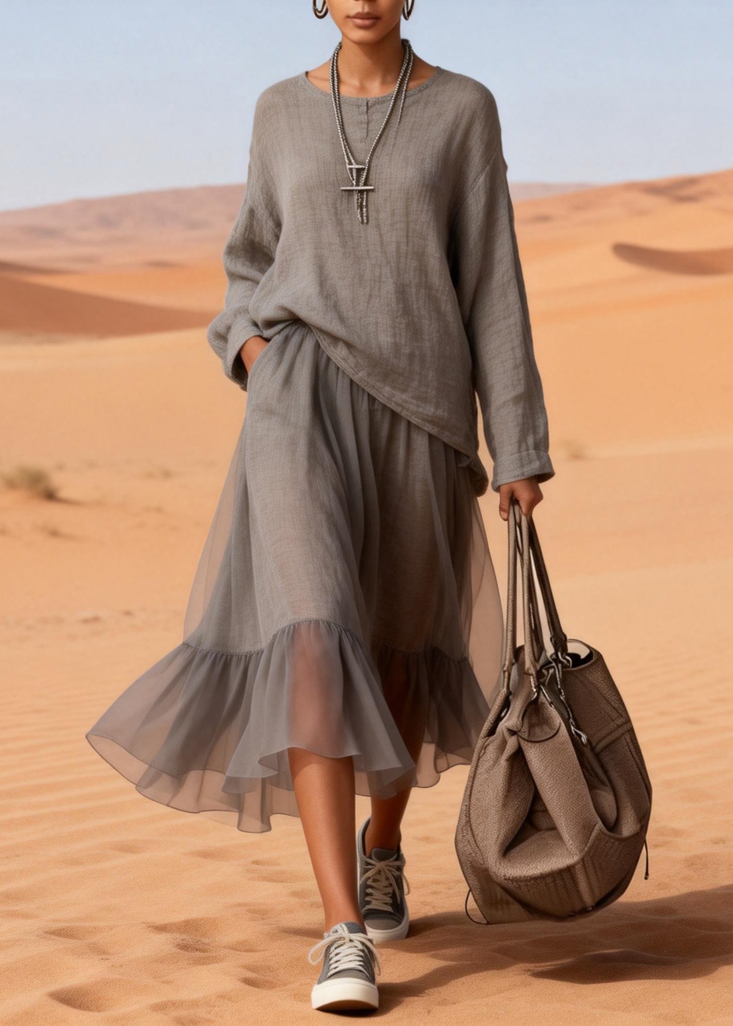 Loose Charcoal Grey Pockets Tops And Skirts Tulle Patchwork Two Pieces Set Spring - Omychic