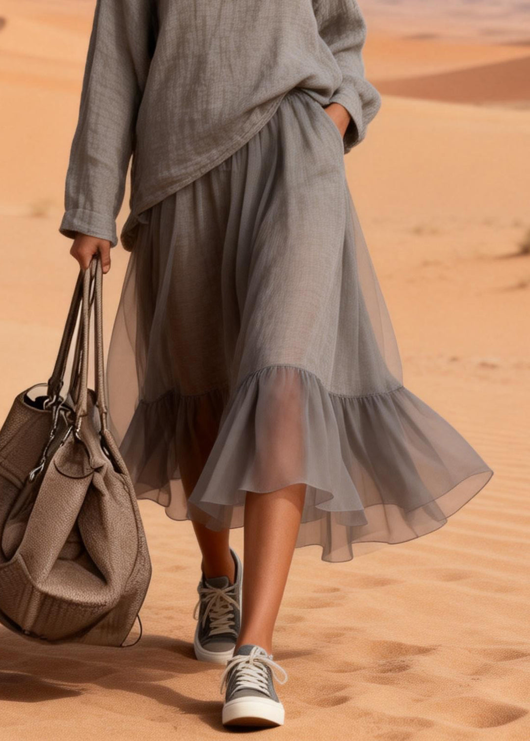 Loose Charcoal Grey Pockets Tops And Skirts Tulle Patchwork Two Pieces Set Spring - Omychic