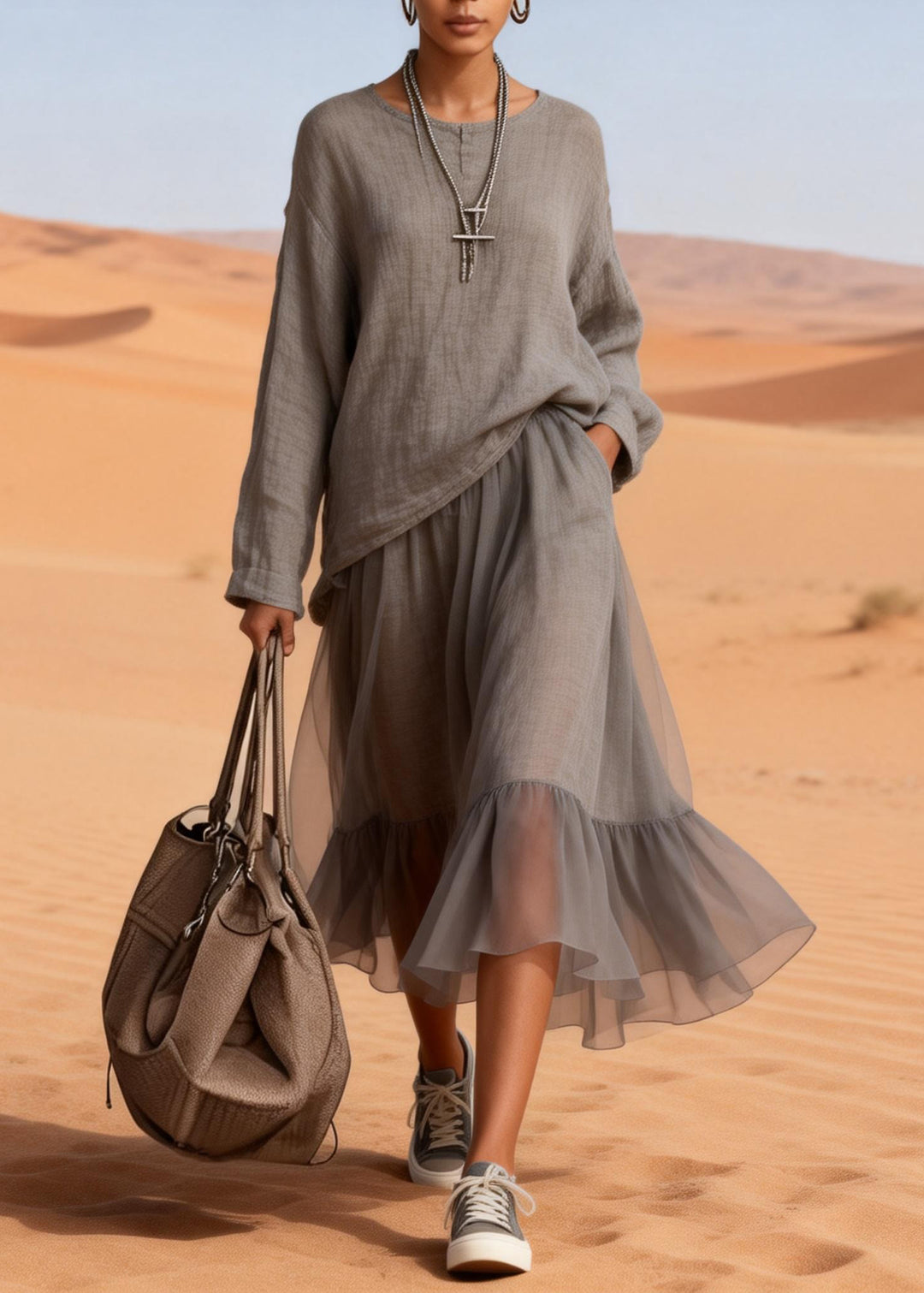 Loose Charcoal Grey Pockets Tops And Skirts Tulle Patchwork Two Pieces Set Spring - Omychic