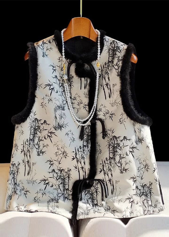 Loose Chinese Button Print Fluffy Patchwork Cotton Filled Waistcoat Sleeveless