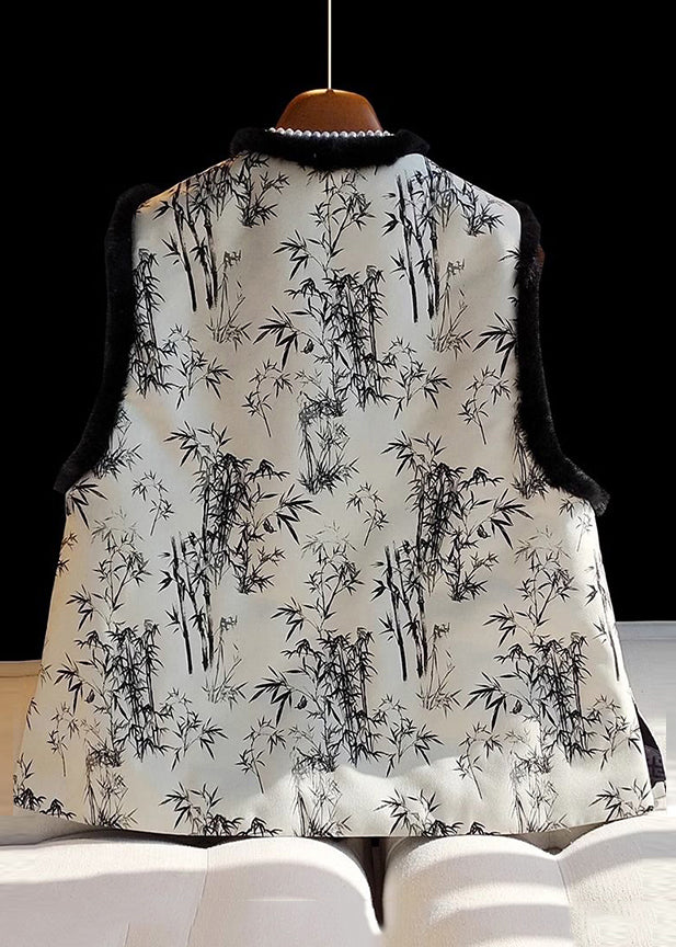 Loose Chinese Button Print Fluffy Patchwork Cotton Filled Waistcoat Sleeveless