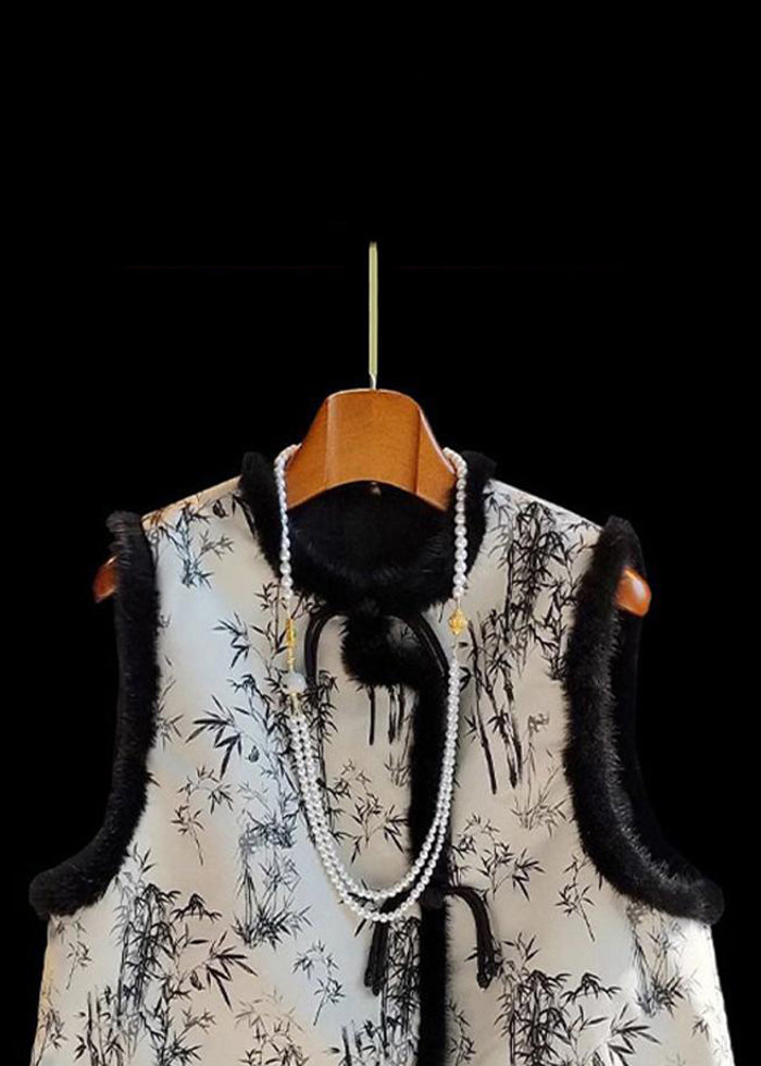 Loose Chinese Button Print Fluffy Patchwork Cotton Filled Waistcoat Sleeveless