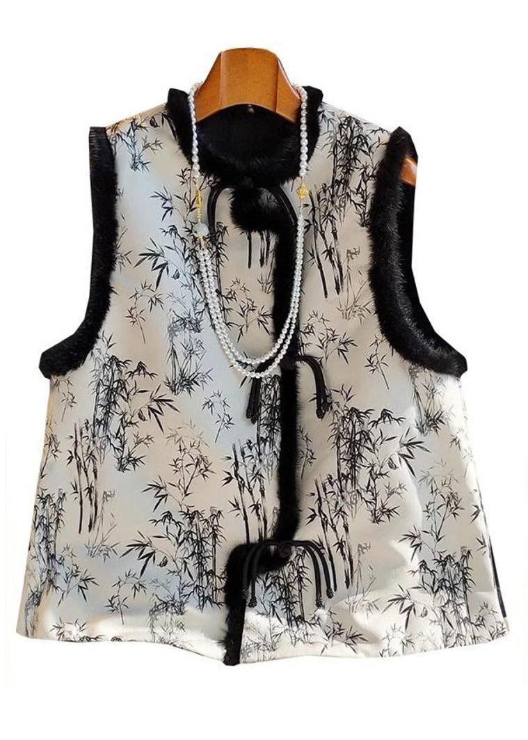 Loose Chinese Button Print Fluffy Patchwork Cotton Filled Waistcoat Sleeveless