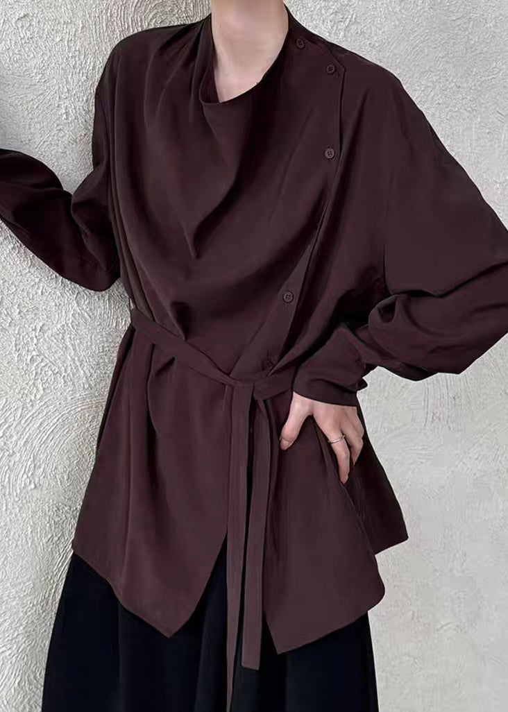 Loose Coffee Asymmetrical Tie Waist Shirt Spring