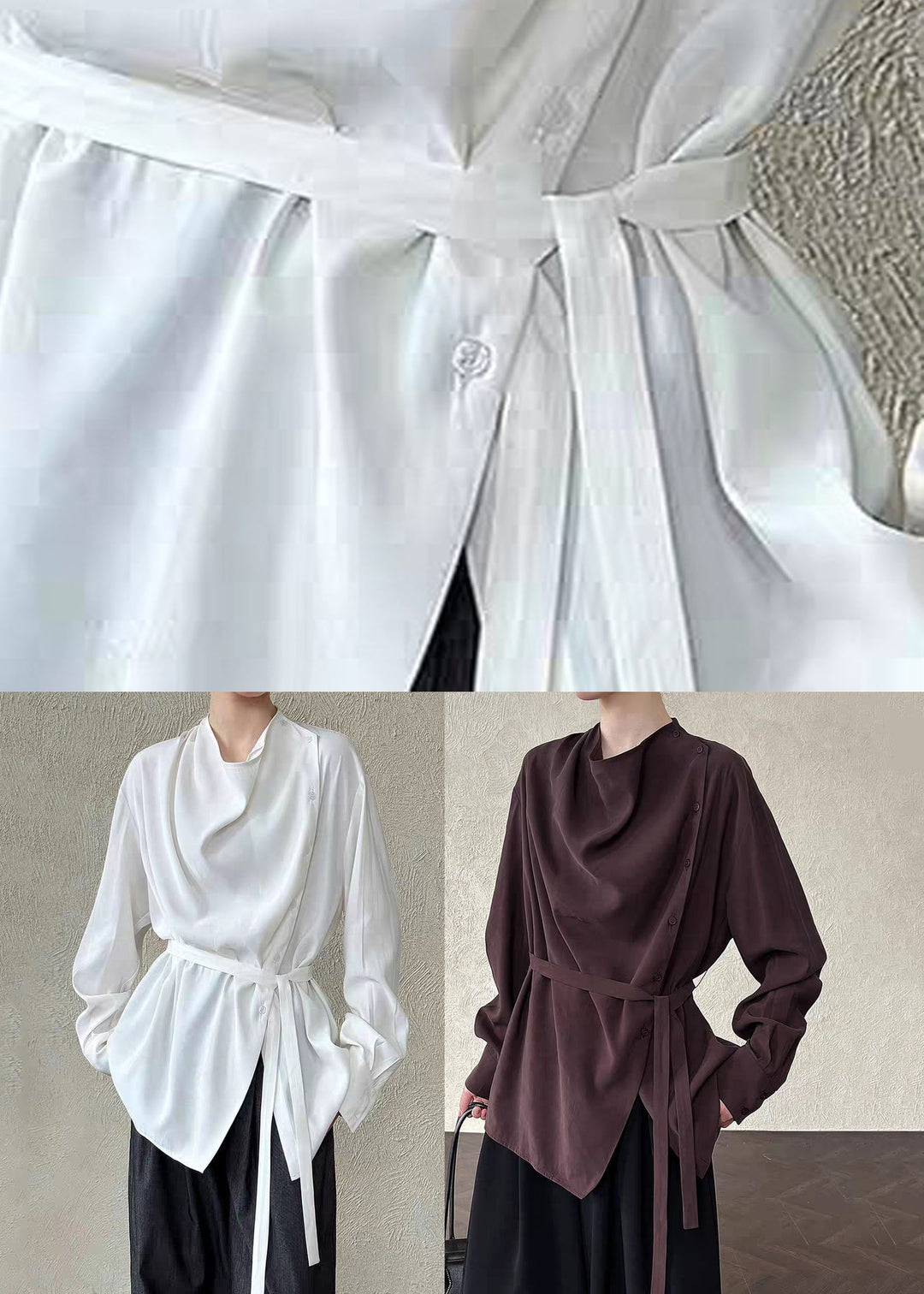 Loose Coffee Asymmetrical Tie Waist Shirt Spring