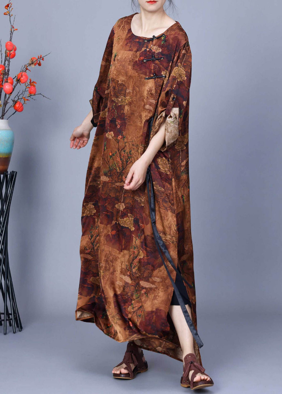 Loose Coffee Button Print Silk Maxi Dresses Bracelet Sleeve