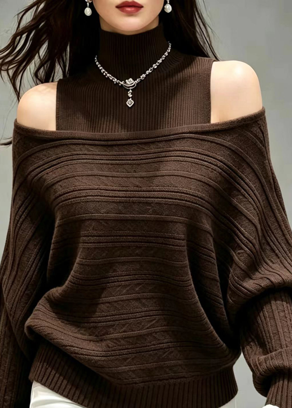Loose Coffee Cold Shoulder Knit Vest And Sweater Two Pieces Set Fall