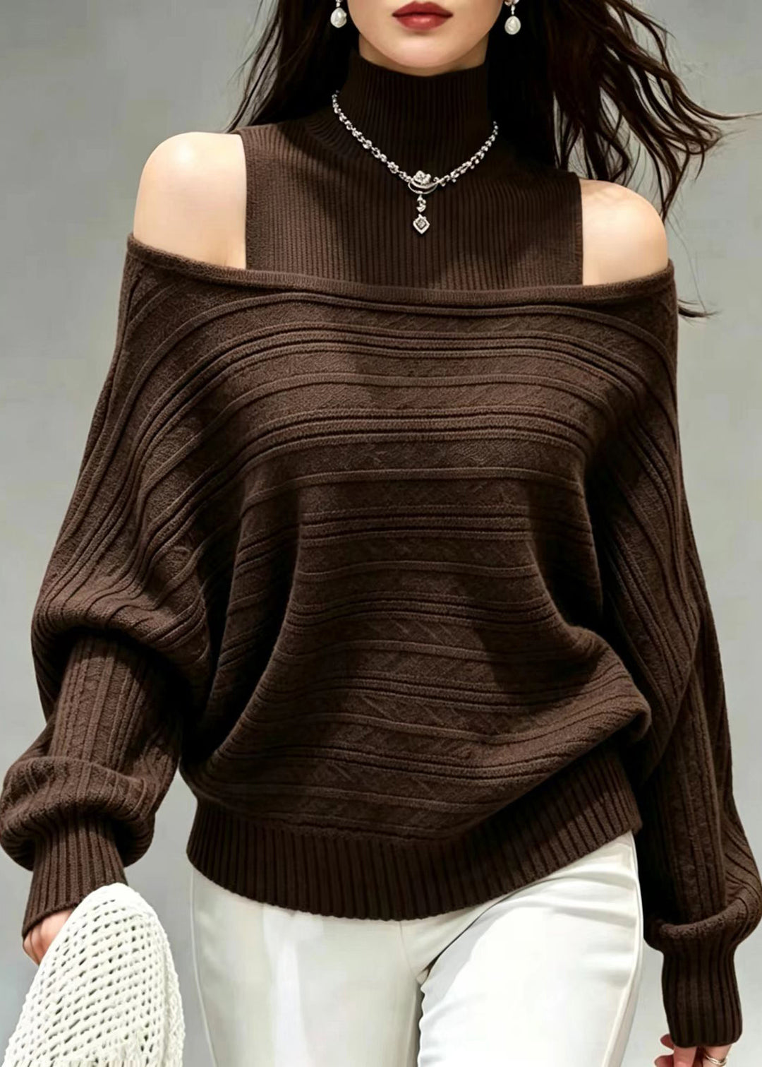 Loose Coffee Cold Shoulder Knit Vest And Sweater Two Pieces Set Fall