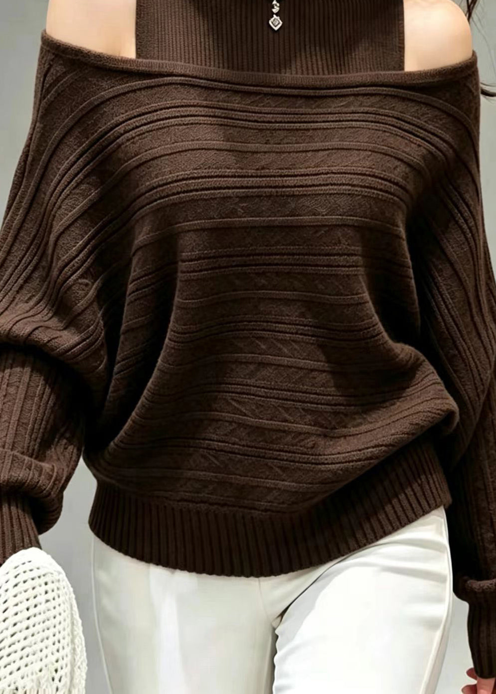 Loose Coffee Cold Shoulder Knit Vest And Sweater Two Pieces Set Fall