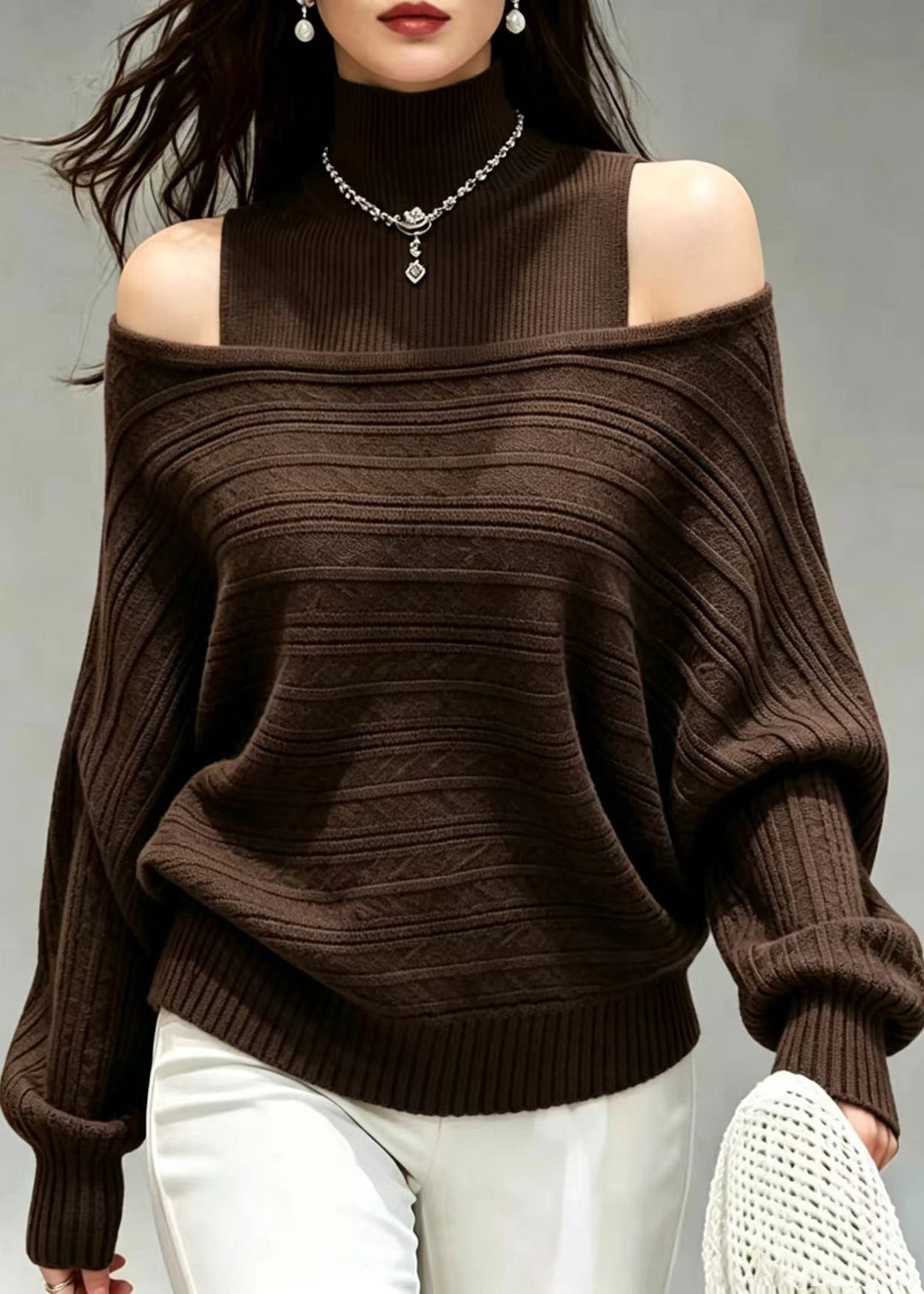 Loose Coffee Cold Shoulder Knit Vest And Sweater Two Pieces Set Fall