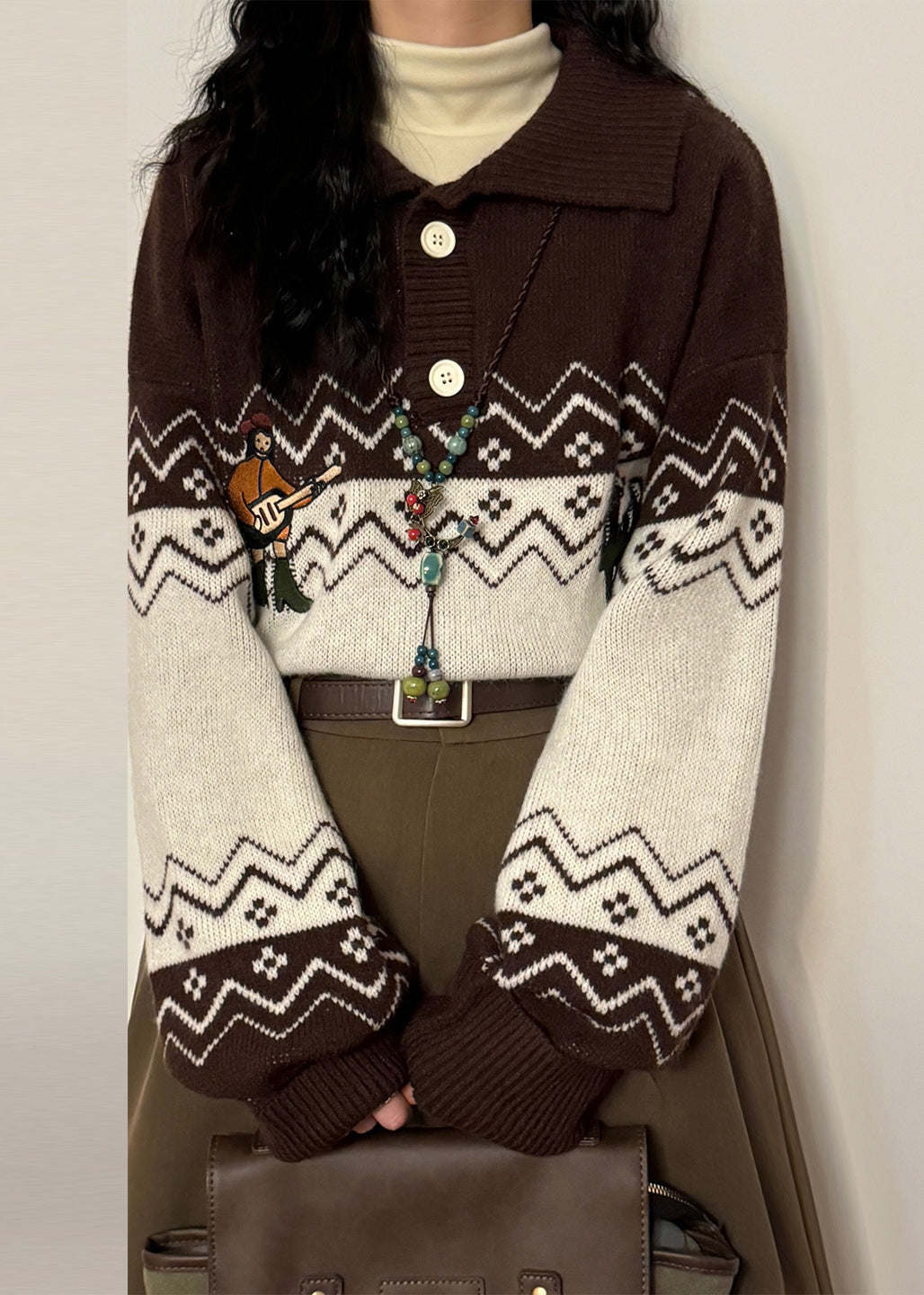 Loose Coffee Embroidered Button Patchwork Knit Sweater Spring