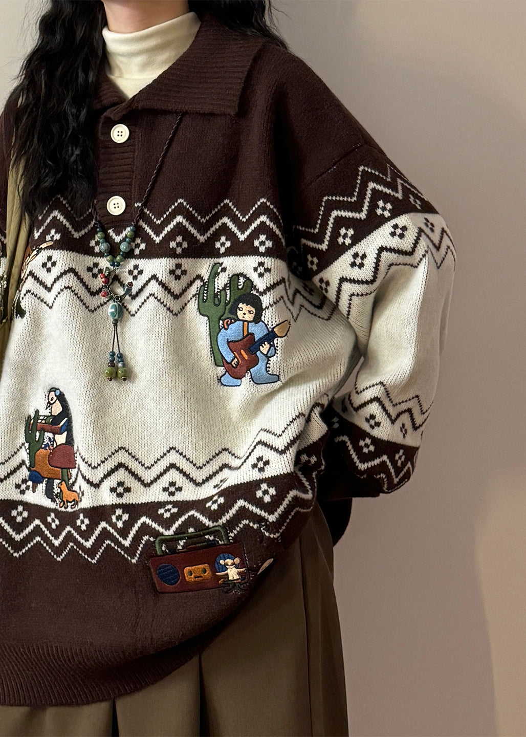 Loose Coffee Embroidered Button Patchwork Knit Sweater Spring