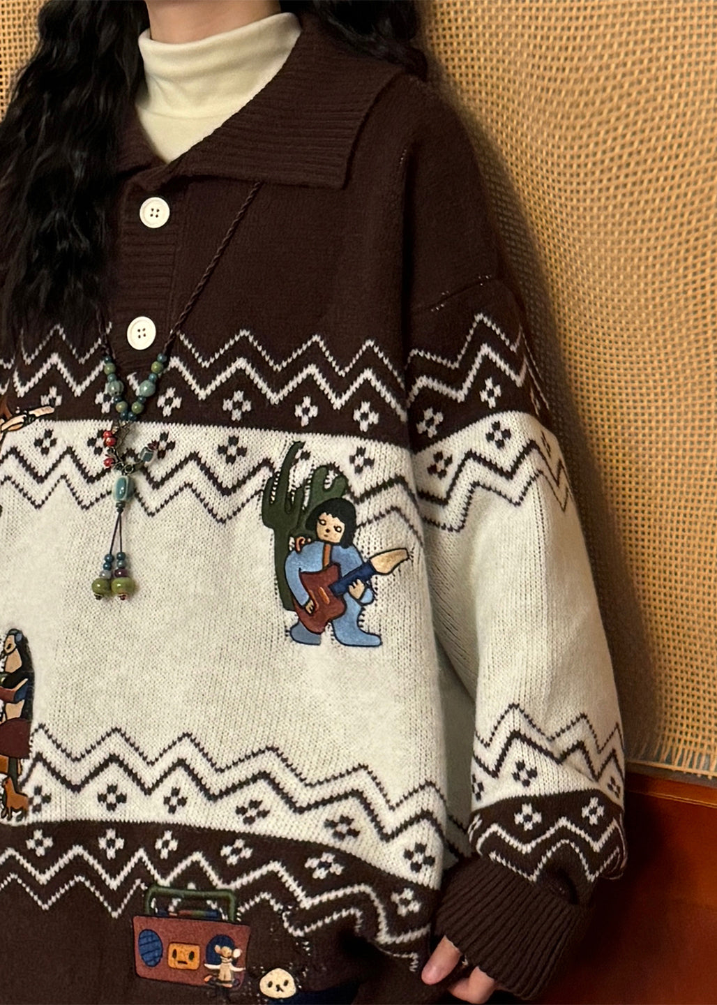 Loose Coffee Embroidered Button Patchwork Knit Sweater Spring