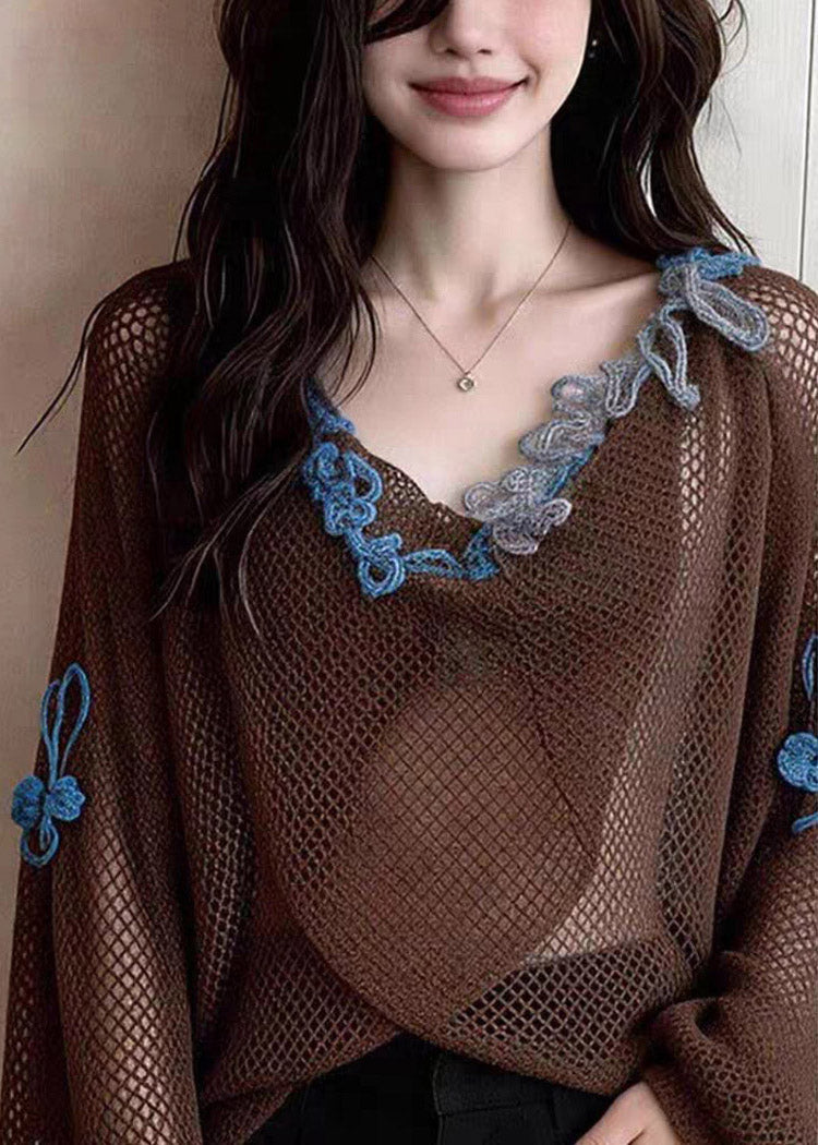 Loose Coffee Embroidered Patchwork Hollow Out Tops Lanter Sleeve
