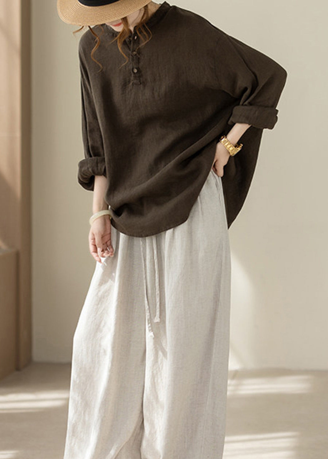 Loose Coffee Henry Collar Cotton Linen Blouse Top Long Sleeve