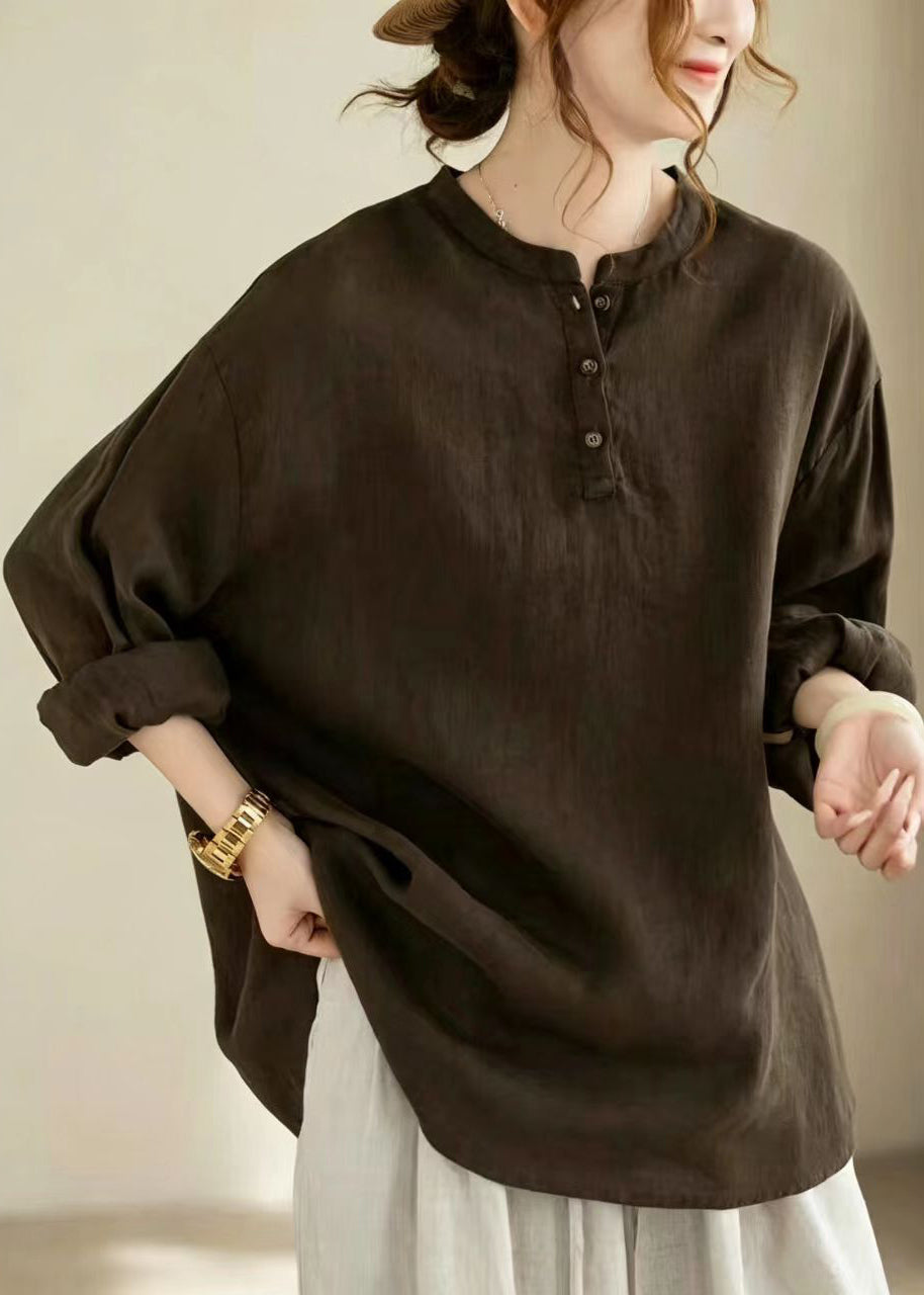 Loose Coffee Henry Collar Cotton Linen Blouse Top Long Sleeve