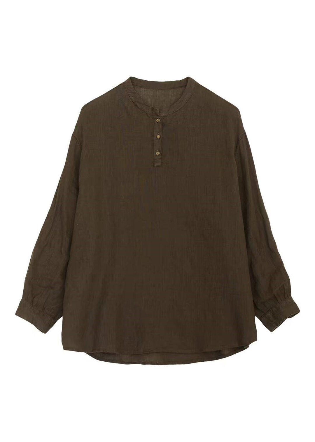 Loose Coffee Henry Collar Cotton Linen Blouse Top Long Sleeve