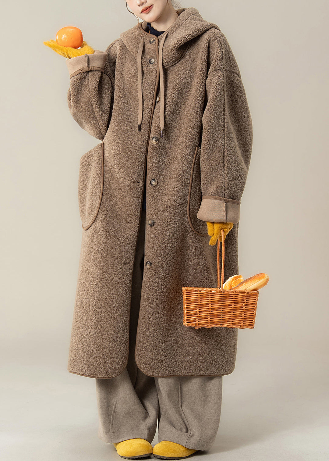Loose Coffee Hooded Button Pockets Teddy Long Coats Winter