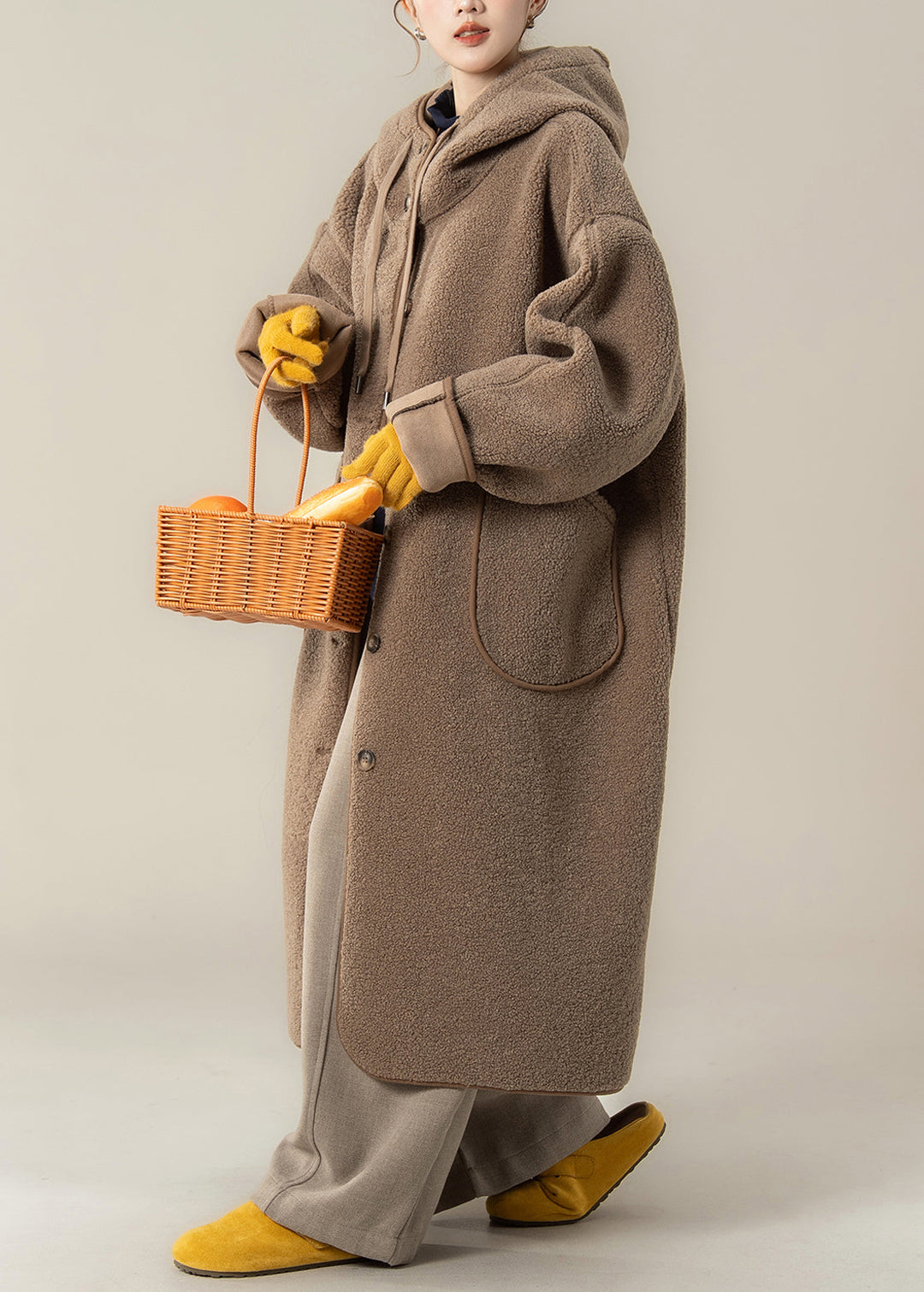 Loose Coffee Hooded Button Pockets Teddy Long Coats Winter
