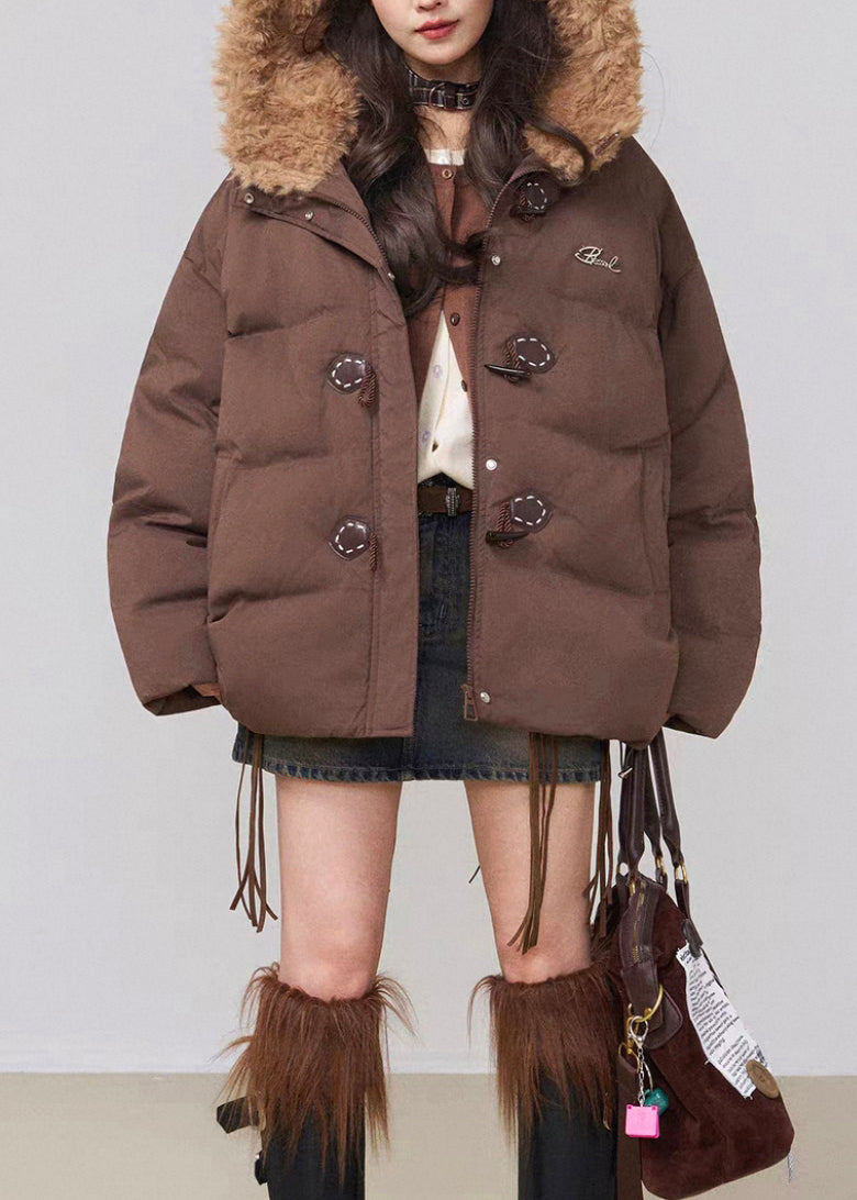 Loose Coffee Hooded Drawstring Patchwork Cotton Filled Parka Winter