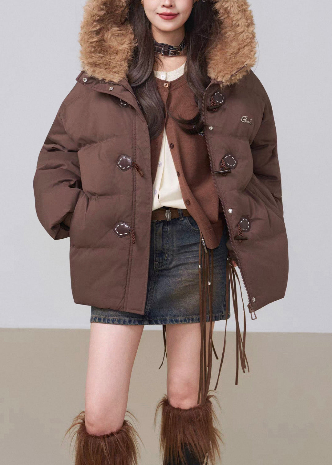 Loose Coffee Hooded Drawstring Patchwork Cotton Filled Parka Winter