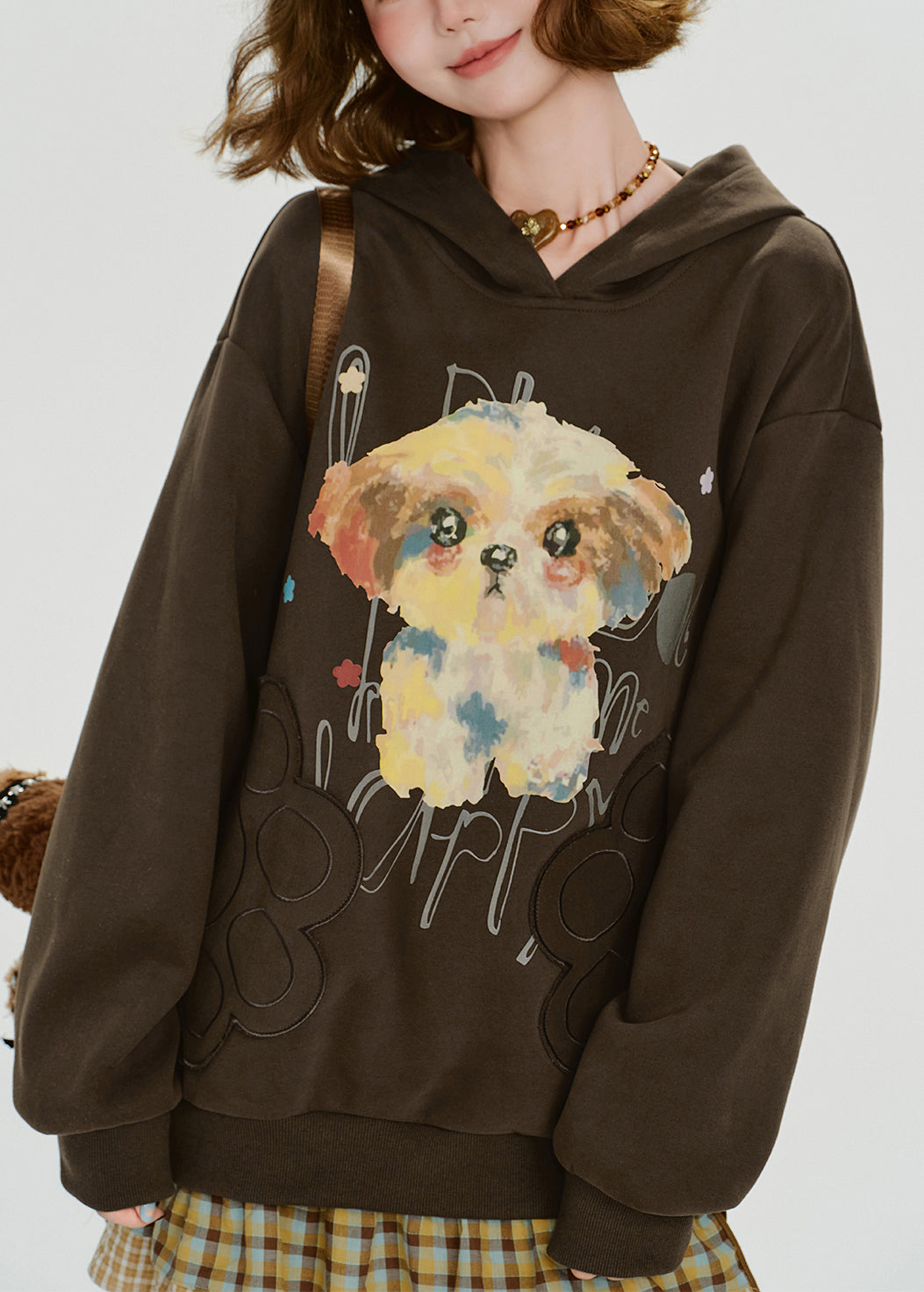 Loose Coffee Hooded Print Cotton Sweatshirt Fall