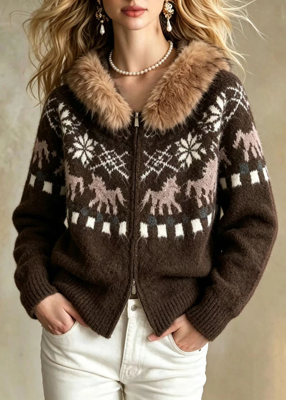Loose Coffee Jacquard Faux Fur Trim Hooded Double Zip Knit Cardigan Long Sleeve