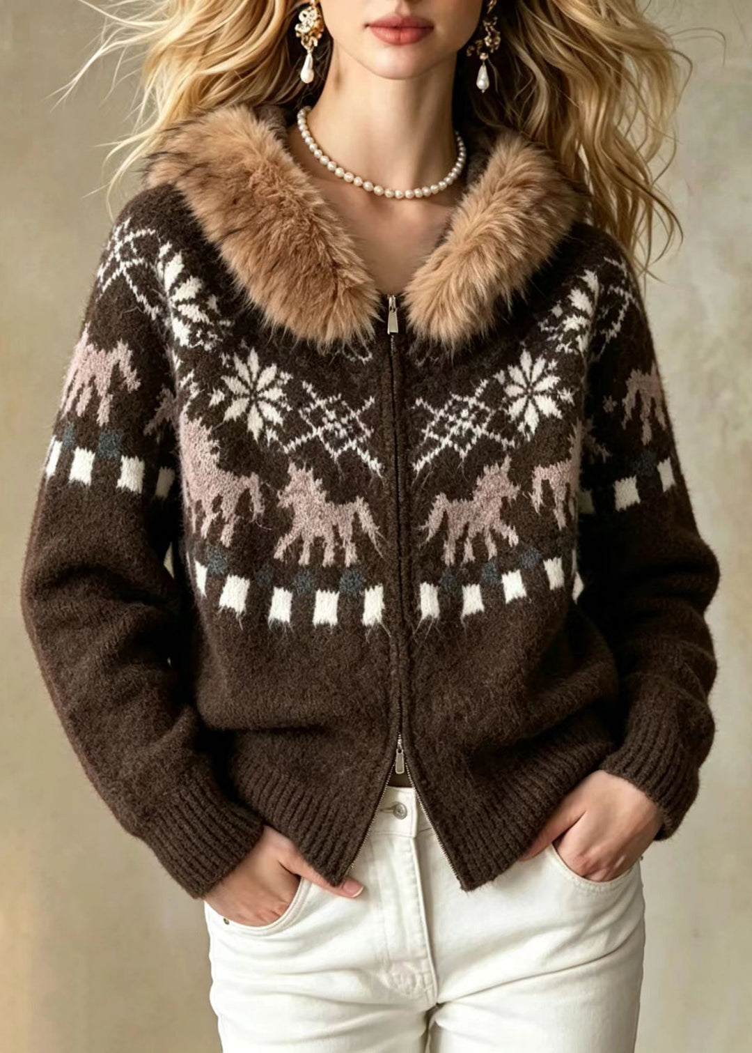 Loose Coffee Jacquard Faux Fur Trim Hooded Double Zip Knit Cardigan Long Sleeve