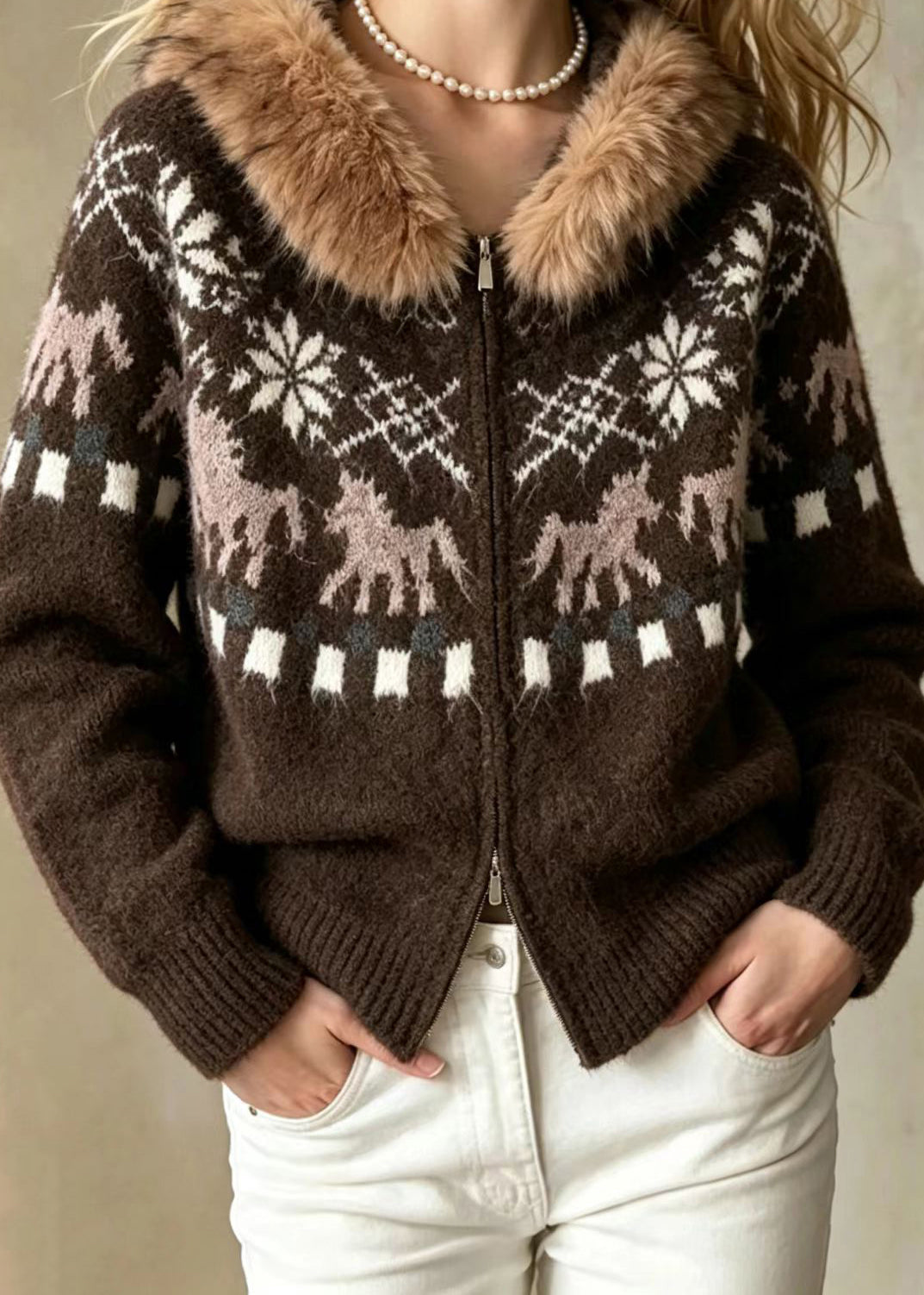 Loose Coffee Jacquard Faux Fur Trim Hooded Double Zip Knit Cardigan Long Sleeve