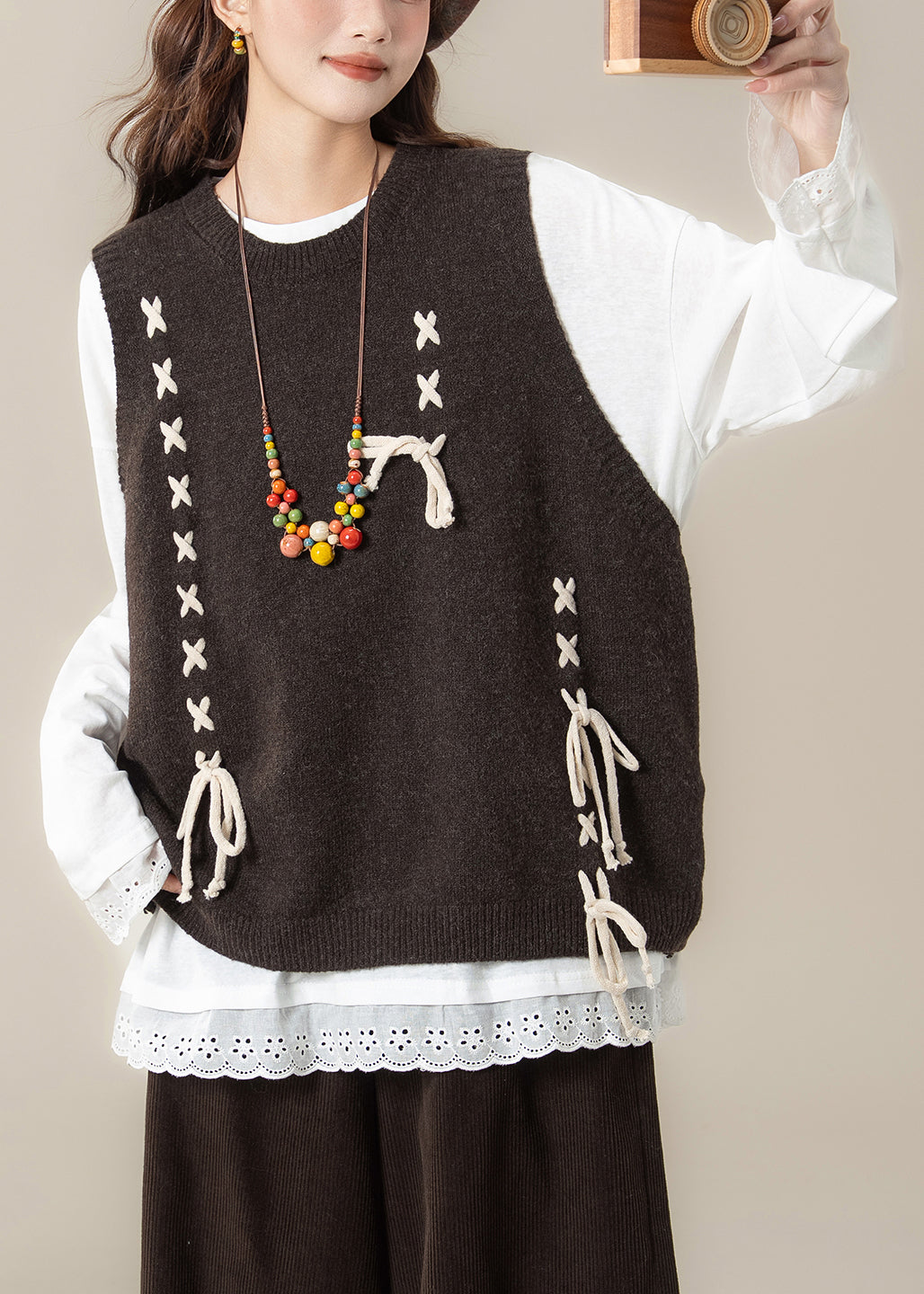 Loose Coffee Lace Up Knit Vest And White Cotton T Shirt Two Piece Set Spring